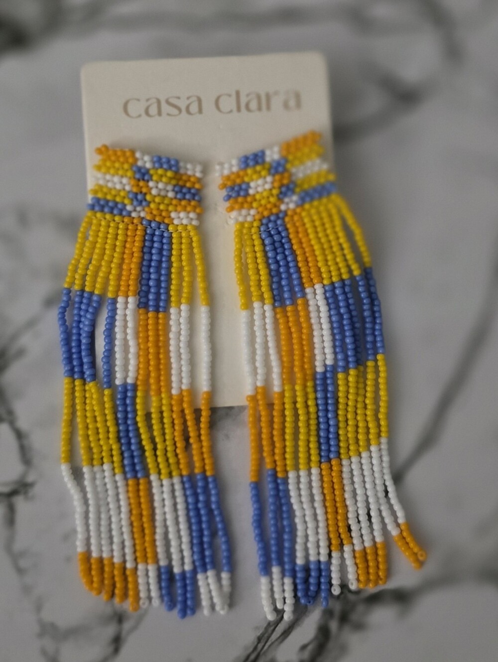 Casa Clara Blue, Yellow & White Beaded Fringe Earrings
